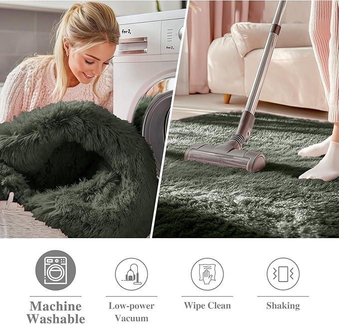 OLANLY Olive Green Round Rugs for Bedroom - Machine Washable, 9 ft Circle Area Rugs for Living Room, Soft and Fluffy Shaggy Carpet for Teen Girl and Boys, Nursery Rooms, Dorms, Home Decor Aesthetic