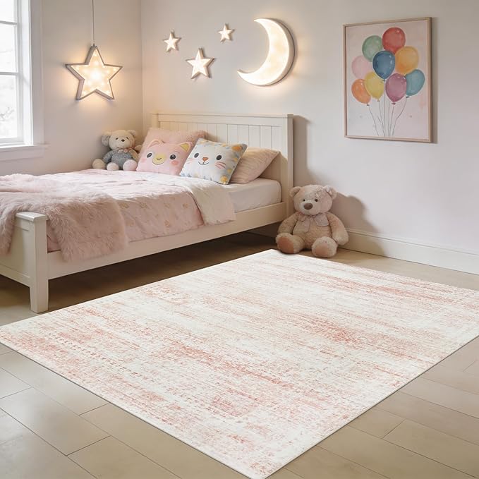 Washable Rugs 4x6 Area Rugs for Living Room,Bedroom,Kids Room,Nursery- Soft Faux Wool Small Carpets,Non Slip&Non-Shedding Low Pile Vintage Print Rugs for Enterway,Home Office Decor-Pink White