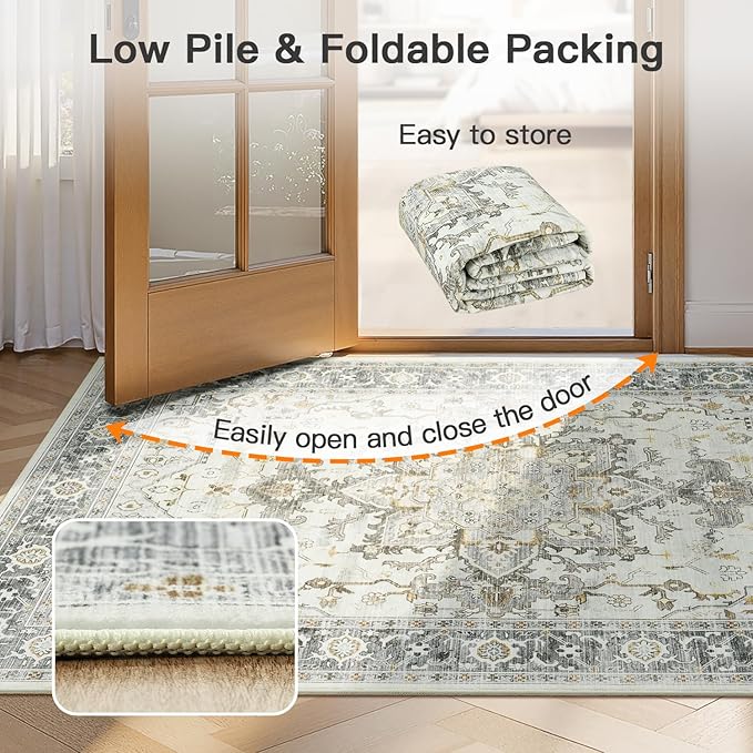 Lofus 9x12 Area Rugs for Living Room, Machine Washable Non-Slip Area Rug, Low Pile Large Rugs for Bedroom, Kitchen, Dining Room, Home Office, Vintage Oriental Print Rug, Taupe Grey