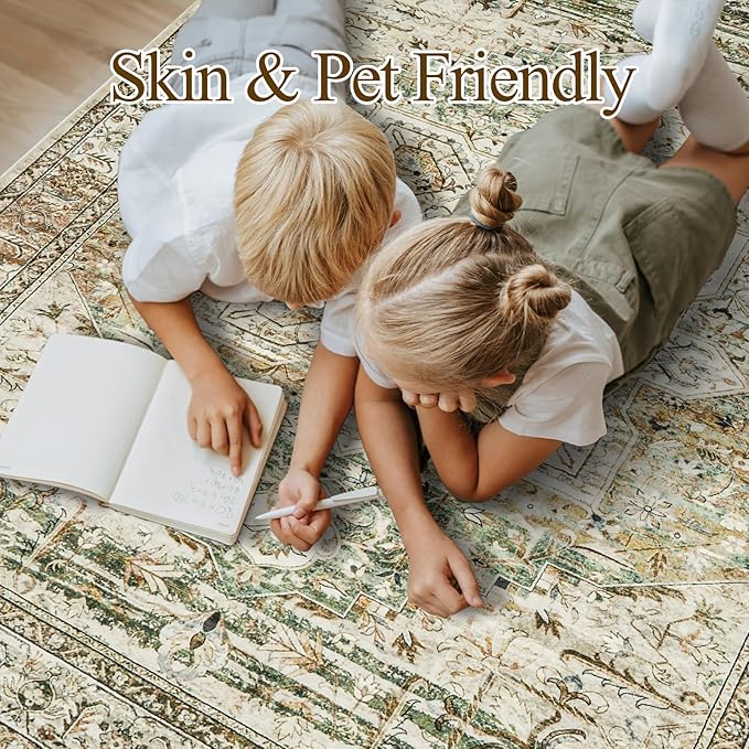 9x12 Area Rugs for Living Room, Non Slip Machine Washable Vintage Rugs, Low Pile Lightweight Large Rug for Bedroom, Dining Room, Home Office Olive