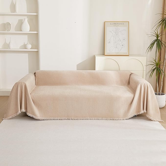MYSKY HOME Couch Cover 3 Cushion Sofa with Tassel Chenille Sofa Covers Couch Covers for 3 Cushion Couch Sofa Slipcovers for Sectional l Shaped Couch Dogs Protector Furniture Covers, 91" X150", Khaki