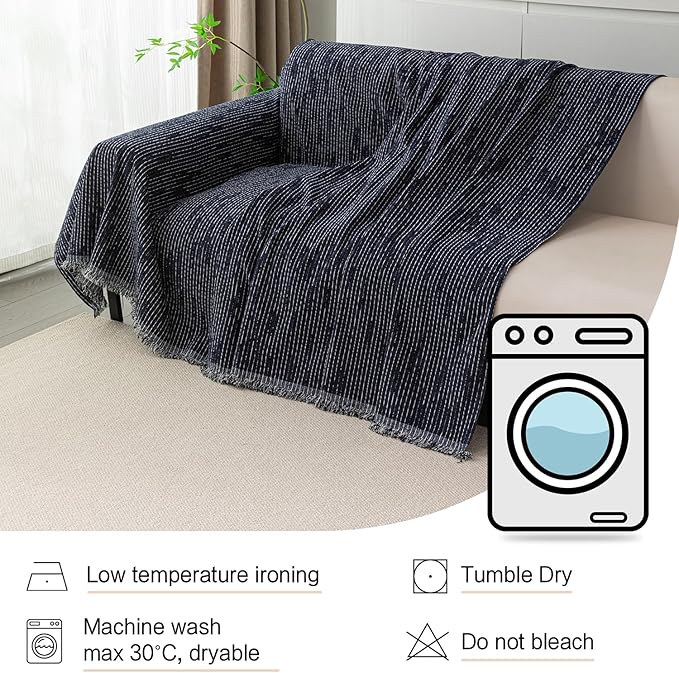 MYSKY HOME Boho Couch Cover Navy Sofa Covers with Tassel Farmhouse Sofa Slipcover Simple Couch Protector for Dogs Chenille Sectional Couch Covers L Shaped Couch Cushion Covers, 91"x 134"