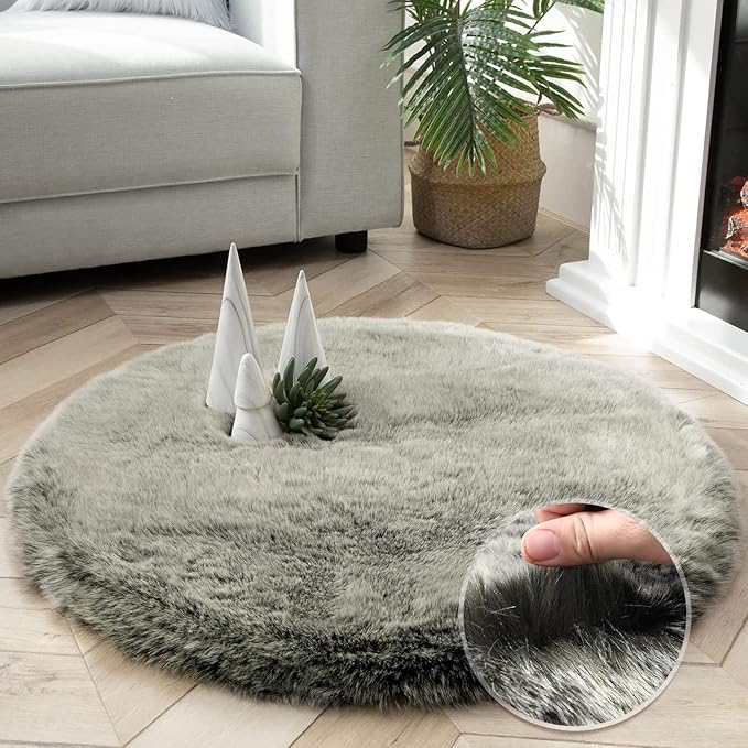 Ashler HOME DECO Soft Fox Faux Fur Chair Couch Cover Area Rug for Bedroom Floor Sofa Living Room Green White 3 x 3 Feet Round