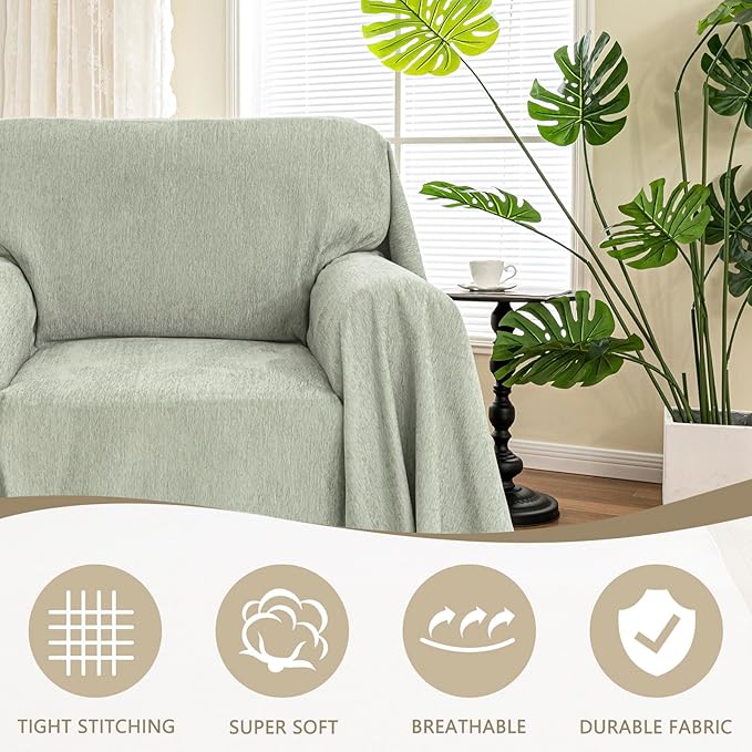 MYSKY HOME Oversized Armchair Couch Cover for 1 Cushion Couch, Washable Sofa Protector, Chair Chenille Couch Covers, Wingback Chair Cover Sofa Covers Sofa Throw Sofa Slipcovers, 71"X91", Sage Green