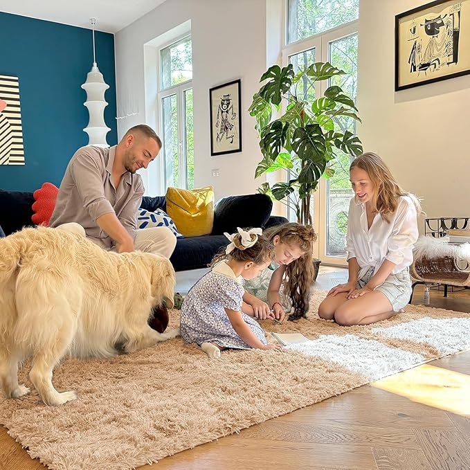 OLANLY 8x9 Machine Washable Large Area Rugs for Living Room, Bedroom, Soft Fluffy Shaggy Bedside Rug, Indoor Floor Carpet for Kids Girls and Boys, Dorms, Nursery, Home Decor Aesthetic, Beige