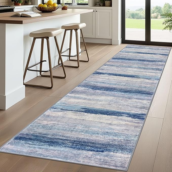 KOZYFLY 3x10 Ft Rug Modern Ombre Runner Rug for Hallway, Washable Kitchen Rugs Non-Slip Soft Striped Entryway Rug, Print Blue/Grey/Beige Abstract Carpet for Laundry Nursery