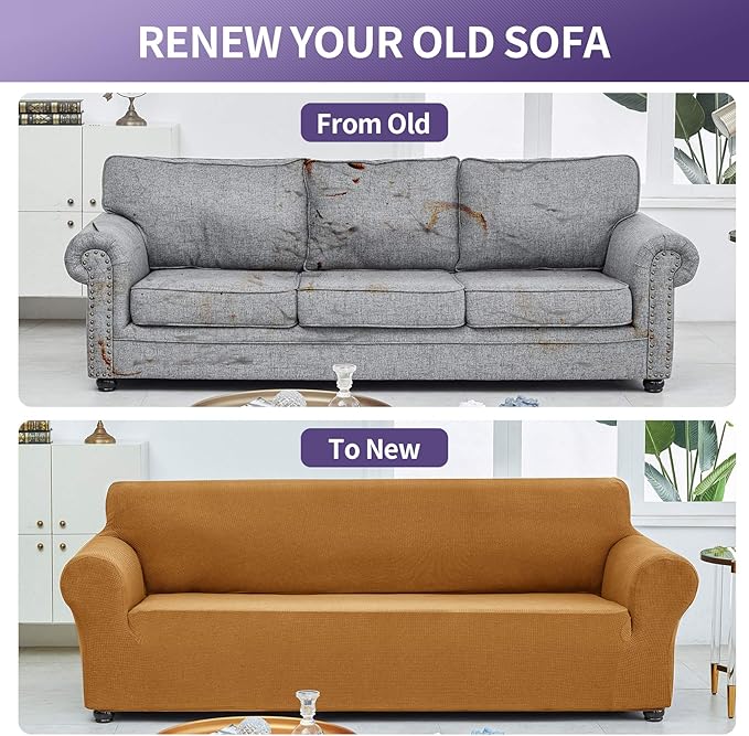 Joccun Stretch Couch Cover Slipcovers, 1-Piece Sofa Covers for 3 Cushion Couch Spandex Jacquard Washable Furniture Protector Cover for Living Room,Kids,Pets(Sofa,Gold)