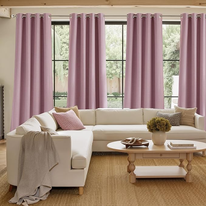 NICETOWN Short Faux Linen Pink Blackout Curtains 63 inches Long for Kitchen - Privacy Panels for Living Room Bedroom, Modern Farmhouse Style Easy Care Grommet Top, 2 Panels, W42 by L63