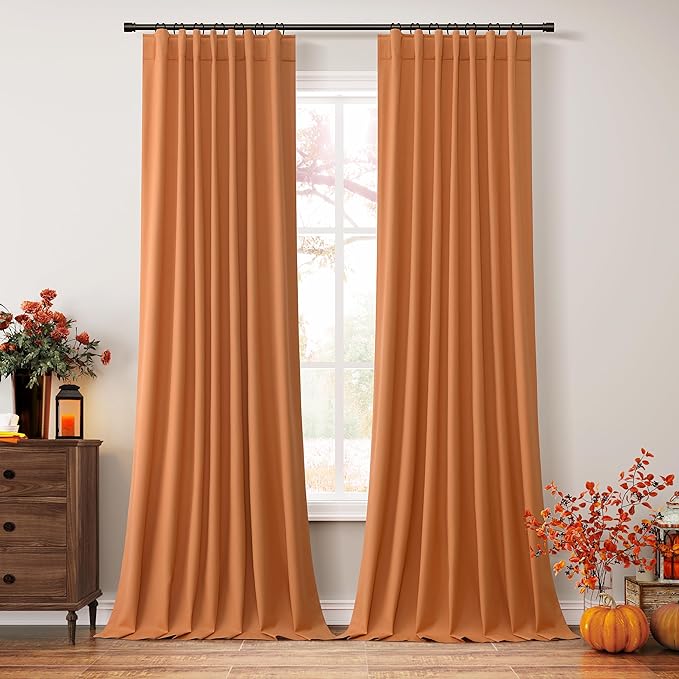 Guken Orange 100% Blackout Linen Curtains 102 Inch Length 2 Panels Set for Living Room Bedroom Back Tab Thermal Insulated 100% Black Out Drapes Room Darkening Farmhouse Window Curtains, 52x102