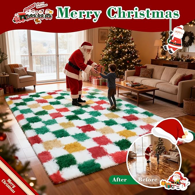 Checkered Area Rug 8x10 for Living Room Bedroom, Christmas Shag Rug Fuzzy Shaggy Bedside Carpet, Indoor Plush Floor Rugs for Kids Boys Girls Room Holiday Home Decor