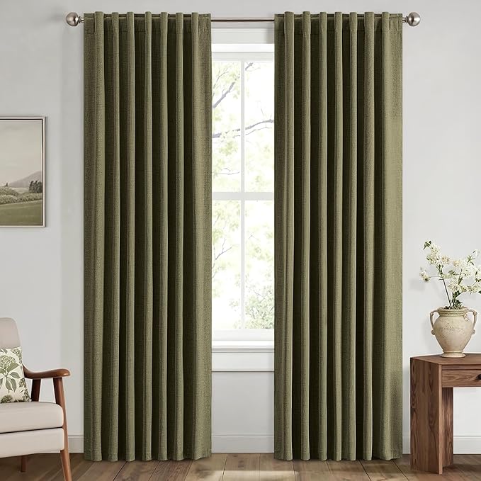 MIULEE 100% Blackout Linen Curtains for Bedroom, Light Olive Green Solid Luxury Decor Thermal Insulation Room Darkening Drapes for Living Room Nursery Back Tab Rod Pocket 42 x 90 Inches, 2 Panels