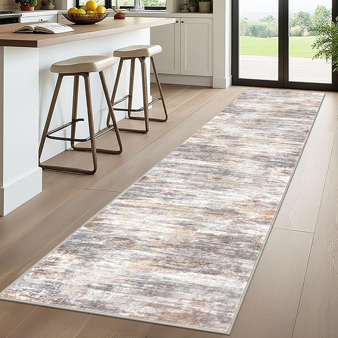 KOZYFLY Modern Abstract Washable Rug Runner 2.6x10 Hallway Rug Runner Non-Slip Soft Kitchen Runner Rugs, Multi Grey/Orange Striped Carpet for Entryway Bathroom
