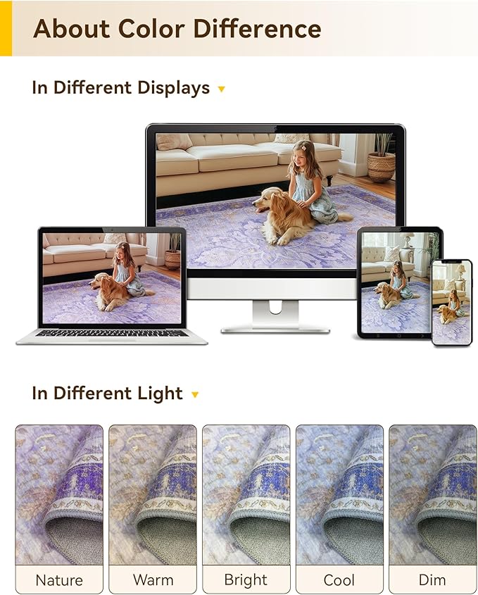 Area Rugs 6'x9' Washable Non-Slip, Floral Vintage Distress Print Pattern Medallion Carpet for Living Room Bedroom Dining Room, Light Purple Brown