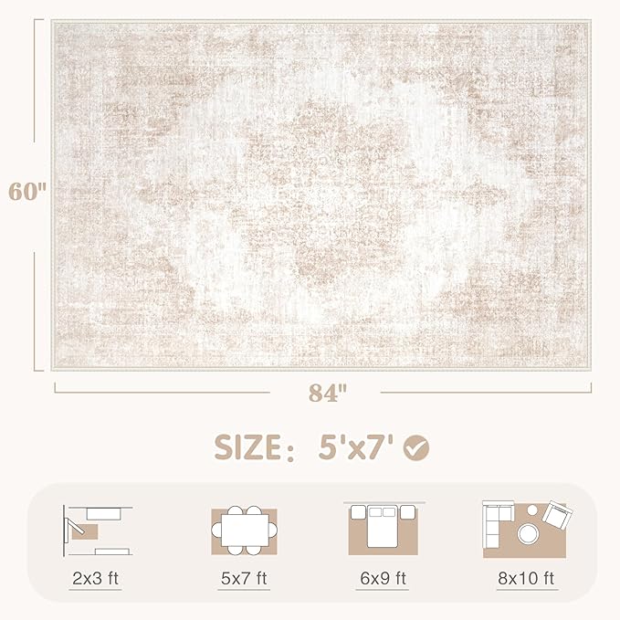 Area Rug 5x7 Vintage Rugs: Washable Living Room Rug Retro Medallion Distressed Large Rug Soft Low Pile Non-Slip Rugs Indoor Floor Carpet for Bedroom Kitchen Nursery Dining Table Office (Beige/Brown)