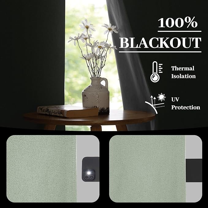 RYB HOME Light Green Curtains 100% Blackout, Linen Window Treatment Panels Thermal Insulated, Privacy Drapes for Living Room/Bedroom/Nursery, Rod Pocket & Back Tab, 2 Panels, W52xL84