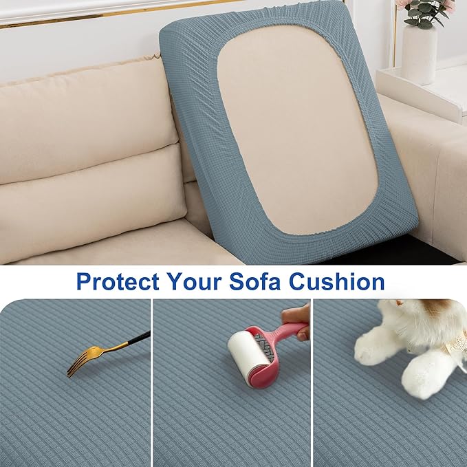 Water Repellent Sofa Seat Slipcovers Stretch Cushion Covers, Seaters Replacement for Furniture Protector, Soft Flexibility with Elastic Bottom (Large, Dusty Blue)