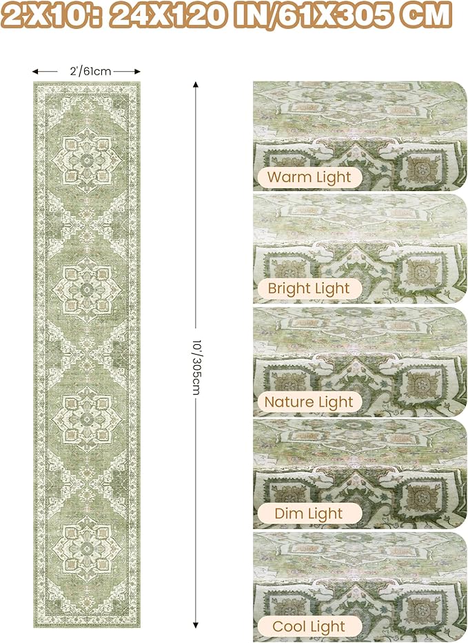 Runner Rug 2x10, Ultra-Thin Kitchen Rugs Non Slip Washable Rugs for Entryway Rug, Kitchen Runner Low Pile Vintage Soft Carpets for Living Room, Bathroom Bedroom (Light Green,2'x10')