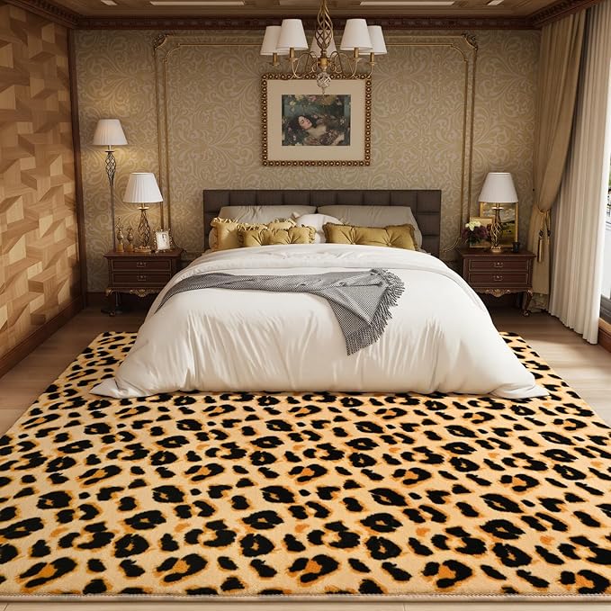 Amearea Soft Leopard Rugs for Bedroom Living Room, 6x9 Modern Cheetah Print Thickened Memory Foam Rug, Fluffy Indoor Washable Animal Rugs Carpet for Kids Boys Girls Dorm Nursery Room Decor, Khaki