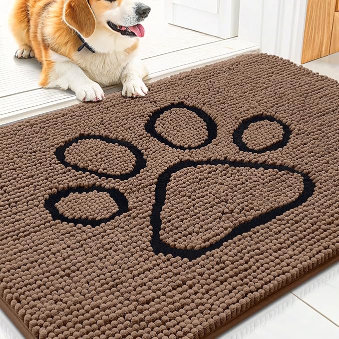 Smiry Dog Door Mat for Muddy Paws, Absorbent Dirt Trapper Non Slip Quick Dry Washable Chenille Mat for Mud Dogs, Entry Rug for Indoor and Outdoor (30x20 Inches, Coffee and Black)