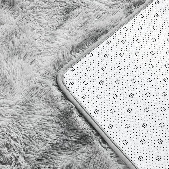 Large Shag Area Rugs 10 x 14, Tie-Dyed Plush Fuzzy Rugs for Living Room, Ultra Soft Fluffy Furry Rug for Bedroom, Anti-Skid Indoor Carpet Nursery Rugs for Kids Room Home Decor, Light Grey