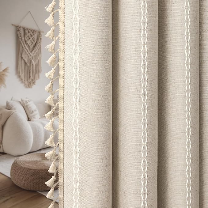 Boho Blackout Curtains 90 Inches Long Beige Linen Blend 2 Panels with Tassels and Cotton Embroidery, Farmhouse Vintage Rustic Rod Pocket Drapes for Living Room or Bedroom