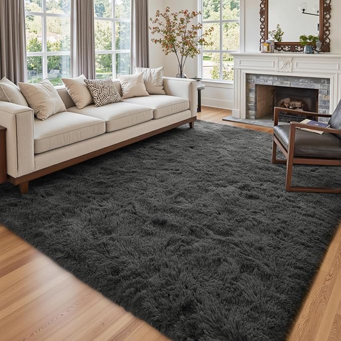 9x12 Ft Extra Large Shag Rugs for Living Room, Ultra Soft Fluffy Furry Area Rugs for Bedroom Indoor Floor, Aesthetic Carpet for Kids Home Decor (Dark Grey)
