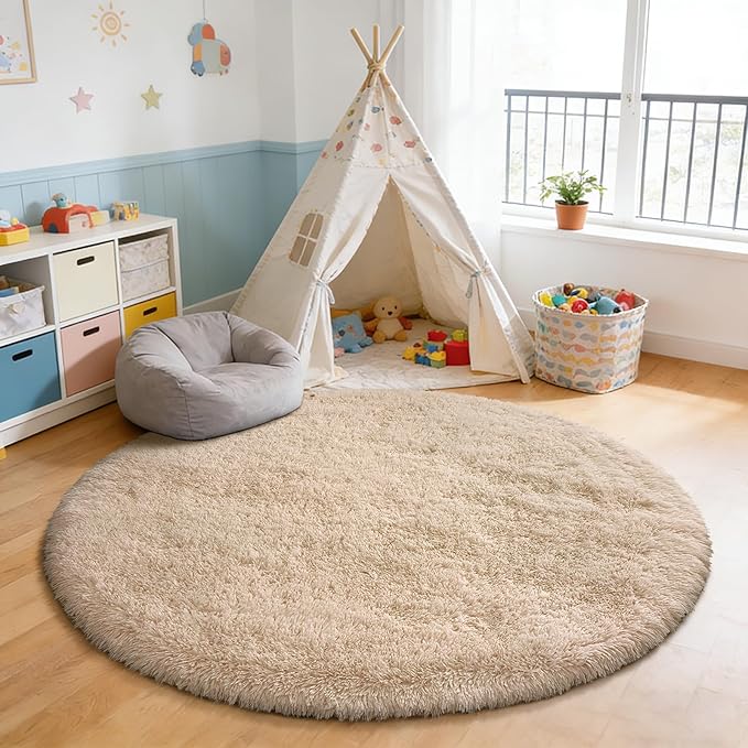 yulidayang Fluffy Round Area Rugs for Bedroom,5'X5'Shag Circle Area Rugs for Girls Room,Non Slip Fuzzy Plush Rug for Kids Room Living Room and Dorm Home Decor Rug