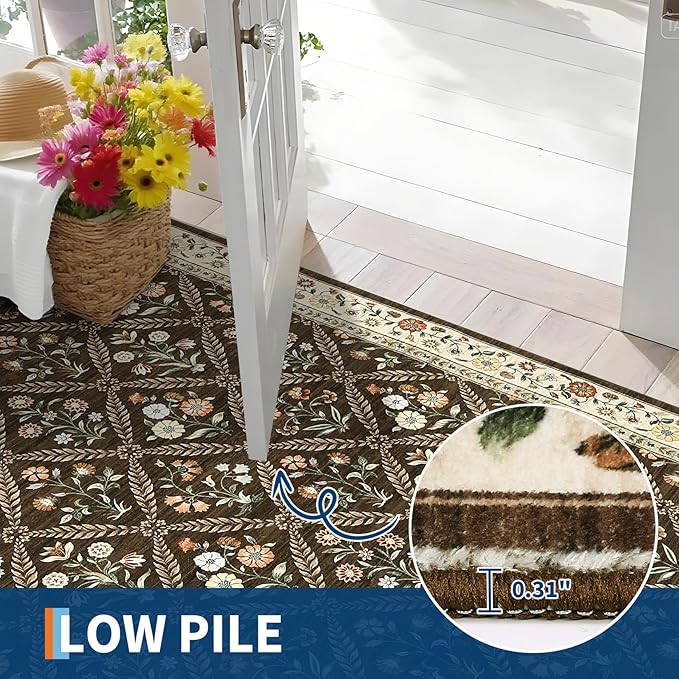 Large Entryway Rug 3x5 Floral Washable Area Rugs Vintage Soft Non-Slip Small Floor Carpet Doormat Stain Resistant Low-Pile Ultra-Thin Entry Mat for Bedside Kitchen Brown