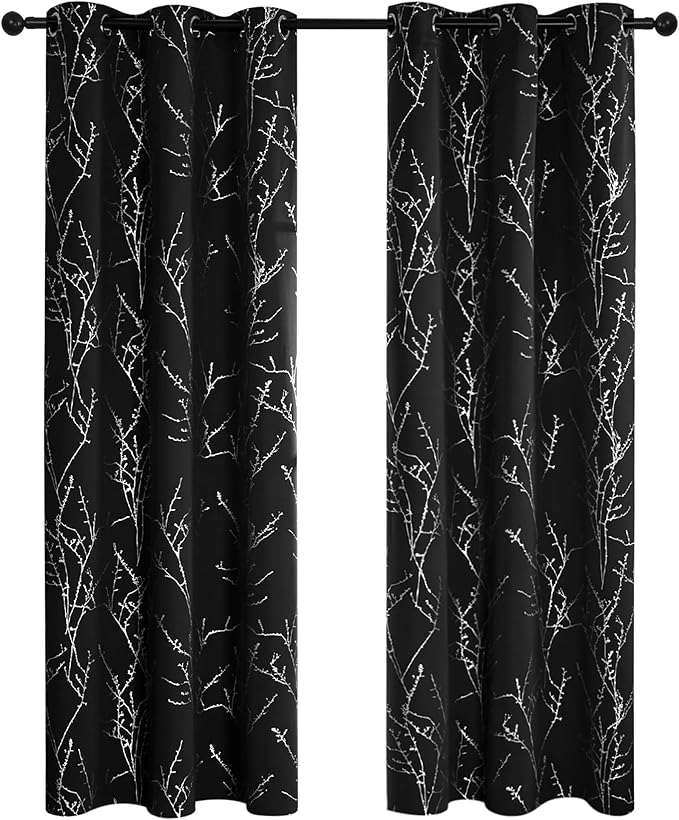 Deconovo Black Blackout Curtains, Thermal Insulated Soundproof Privacy Curtain Drapes, Branch Foil Print, 42 x 72 Inch Long, 2 Panels, Machine‑Washable Window Panel for Bedroom Living Room Office Home