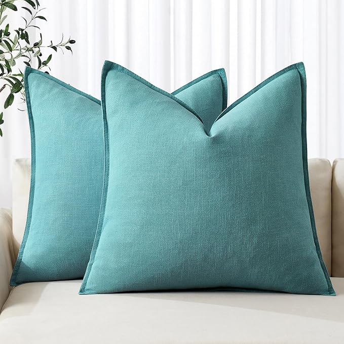 MIULEE Decorative Linen Pillow Covers 20x20 Inch Turquoise Boho Farmhouse Neutral Couch Throw Pillows for Bed Pack of 2 Accent Coastal Modern Pillowcase Summer Sofa Livingroom Home Decor