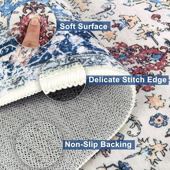 Yamaziot Washable Runner Rug, 2x8 Non-Slip Boho Vintage Hallway Rug with Rubber Backing, Low Pile Faux Wool Distressed Carpet Runner for Bedroom, Kitchen, Laundry, Entrance