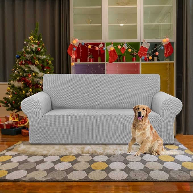 KEKUOU Stretch Loveseat Sofa Cover Slipcover,Couch Covers for 2 Cushion Couch Sofa (55"-78") Furniture Protector Sofa with Elastic Bottom for Kids,Dog. Jacquard Small Checked (Medium,Silver)