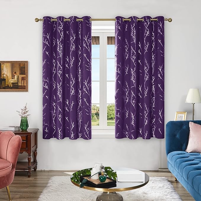 Deconovo Blackout Curtains, Purple Curtain, Thermal Insulated Soundproof Grommet Drapes, Silver Tree Foil Print, 52 x 63 Inch, 2 Panels, Machine Washable Window Panel for Living Room Bedroom Office