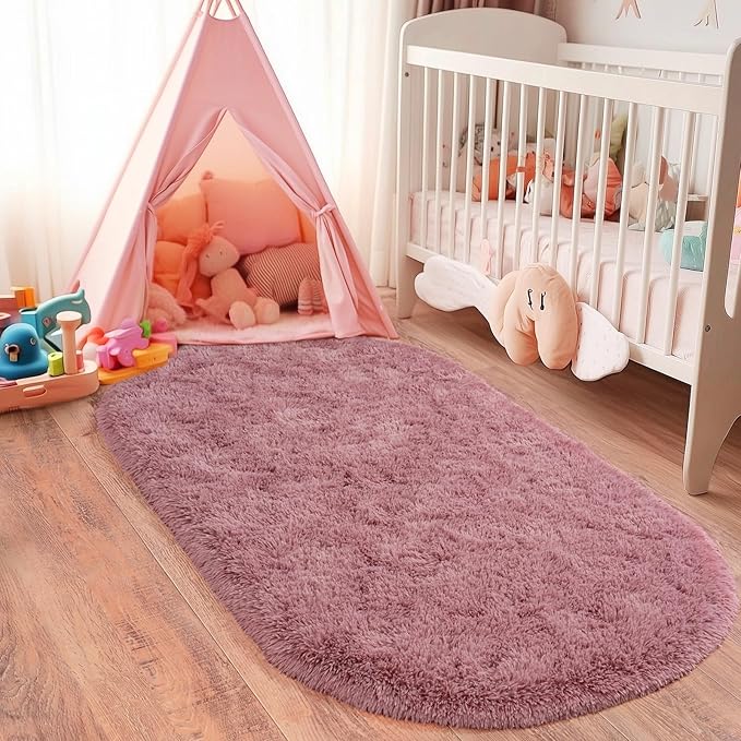 Pionblank Fluffy Oval Area Rug for Bedroom 3.3x6.2 Feet, Cute Plush Throw Rugs for Bedside, Ultra Soft Shag Carpet for Living Room Kids Room Nursery Teens Dorm Home Decor, Blush