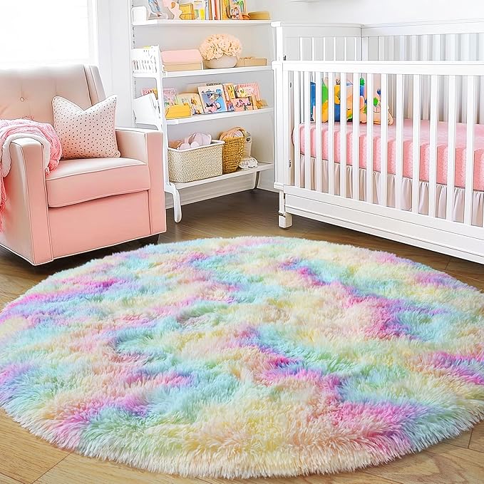 3'x3' Rainbow Round Rugs for Girls Bedroom, Ultra Soft Fluffy Circle Rug for Kids Room, Cute Small Shag Rugs for Living Room Playroom Tent Castle Home Decor Rug