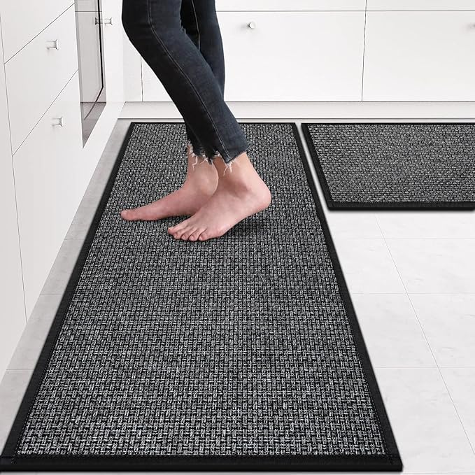 eqivei Kitchen Rugs Non Skid Washable Set of 2 PCS, Absorbent Runner Rugs for Kitchen, Farmhouse Weave Floor Mats in Front of Sink, 17.3"x 47"+17.3"x 29" (Inky)