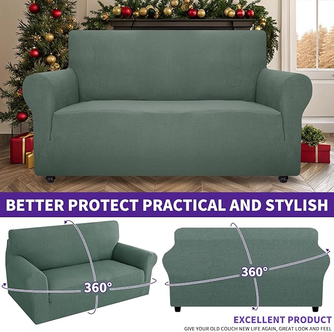 ZNSAYOTX Super Stretch Couch Cover Love Seat Sofa Covers for Living Room Dogs Pet Friendly Furniture Protector Spandex Loveseat Slipcovers with Anti Slip Foam Sticks (Pea Green, Loveseat)