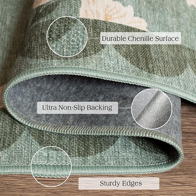 Front Door Mat Indoor Entrance - 2x4.3 Ft Floral Washable Layered Doormat Outdoor Entrance Porch Rug Non-Slip Sage Green Boho Runner Rug for Kitchen Hallway Bedroom Laundry Room Porch Decor