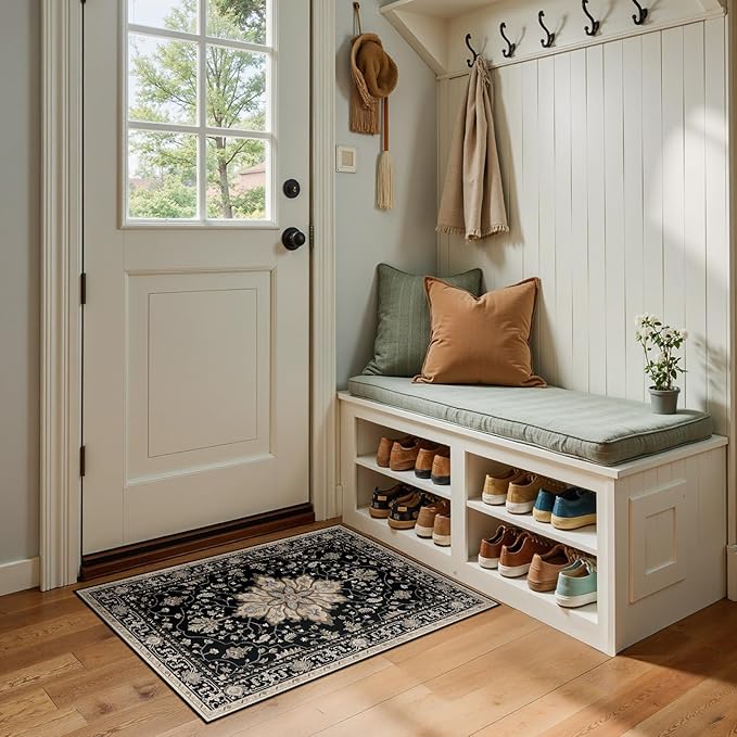 RELEANY Area Rugs 2'x3' Kitchen Rugs Entry Rug Small Rugs for Entryway Kitchen Bathroom Door Mat Indoor Entrance,Washable Non Slip, Black Brown Neutral Dark Tan