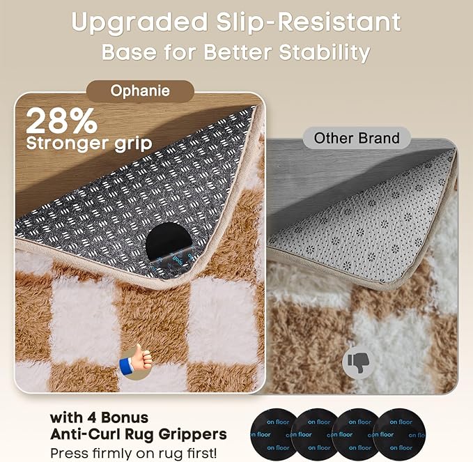 Ophanie Checkered Beige & White Rug for Living Room Bedroom, Fluffy Soft Cute Fuzzy Area Rugs, Shag Plush Shaggy Bedside Floor 4x6 Furry Carpet for Kids Baby Teen Dorm Nursery Home Decor Aesthetic