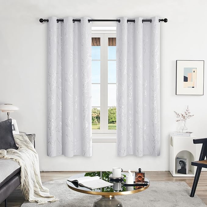 Deconovo Greyish White Curtains, Room Darkening Curtain, Thermal Insulated Soundproof Drapes, Silver Branch Print, 42 x 72 Inch Long, Grommet Window Panels for Living Room Bedroom Nursery, Set of 2