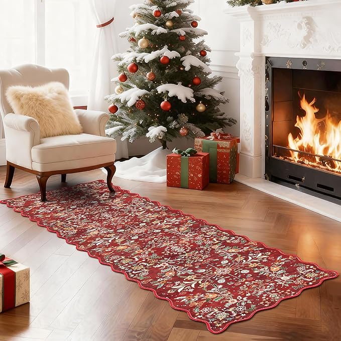 Yamaziot Christmas Runner Rug 2x8 – Red Floral Washable Non-Slip Carpet Runner Christmas Holiday Decor, Soft Low Pile Christmas Rug for Hallway, Kitchen, Entryway