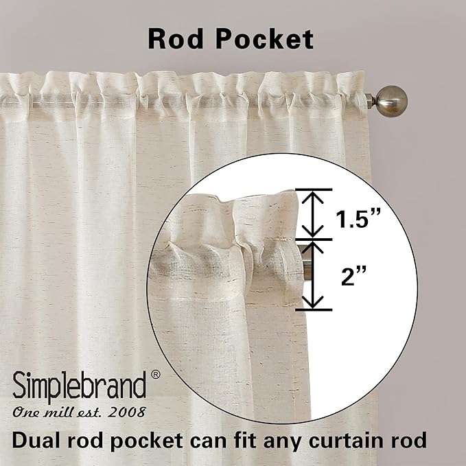 Simplebrand Natural Linen Textured Sheer Curtains 96 inches Long 2 Panels, Rod Pocket Solid Color Window Sheer Curtain Panels, Elegant Curtains & Drapes for Living Room, Bedroom (40" W x 96" L)