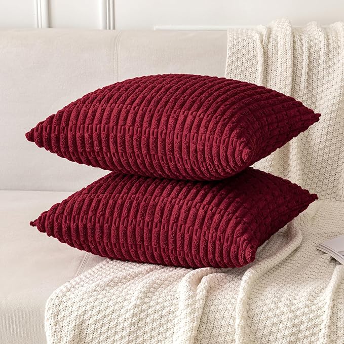 MIULEE Pack of 2 Burgundy Corduroy Decorative Pillow Covers 18x18 Inch Soft Boho Striped Throw Pillow Covers Modern Farmhouse Home Decor for Sofa Living Room Couch Bed