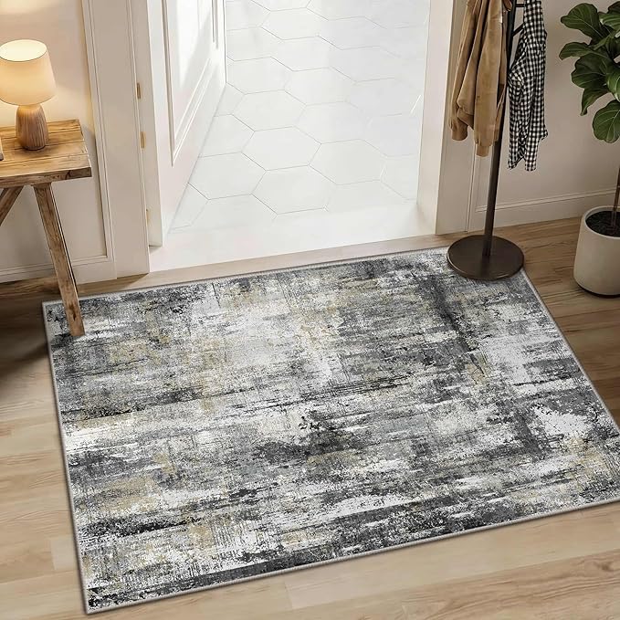Latte&Fog 2x3 Entryway Rug, Small Modern Abstract Door Mat, Washable Kitchen Rug, Boho Non Slip Low Pile Carpet for Indoor Kitchen, Entry, Front Door and Bathroom - Black/Gold