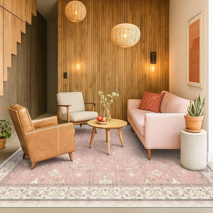 Light Pink Rugs for Girls Bedroom - Cute Floral Area Rug 5x8 for Nursery, Kids Playroom, Machine Washable Non Slip, Vintage Low Pile Stain Resistant Carpet for Living Room, Dorm