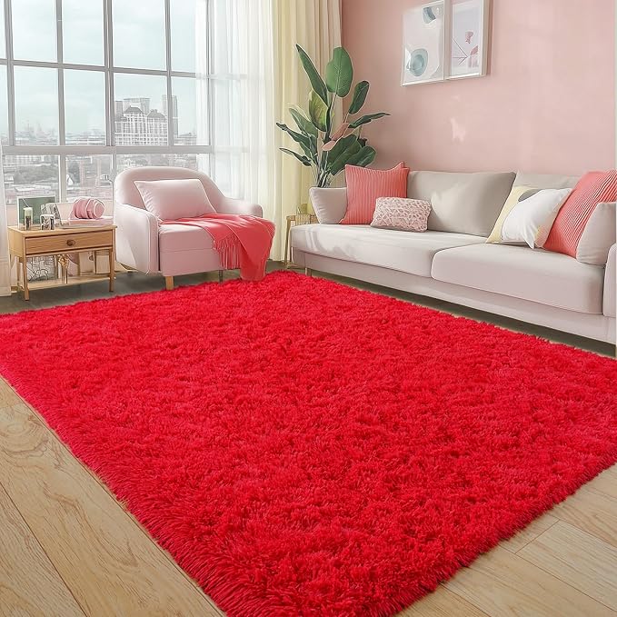 Pionblank Super Fluffy Area Rug for Living Room 5x7 Feet, Modern Indoor Shaggy Carpet, Soft Plush Non Slip Rugs for Bedroom Kids Room Teens Dorm Cloakroom Home Decor, Red