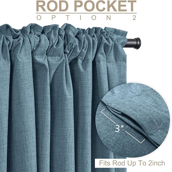 100% Blackout Shield Linen Blackout Curtains for Bedroom 96 Inches Long, Back Tab/Rod Pocket Living Room Drapes, Thermal Insulated Blackout Curtains 2 Panels Set, 50" W x 96" L, Stone Blue