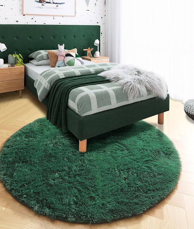 Amdrebio Dark Green Fluffy Round Rugs 5Ft for Bedroom, Thick Floor Circle Rug for Kids, Teens Room Decor, Furry Shag Area Rug for Living Room, Baby Nursery, Dorm, Fuzzy Plush Fur Emerald Green Carpet