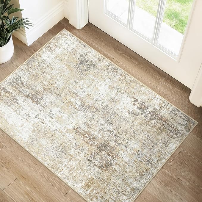 Washable Area Rugs 2'x3' Non-Slip Modern Abstract Soft for Living Room Entryway Bedroom Nursery, Print Pattern, Neutral Brown Gray